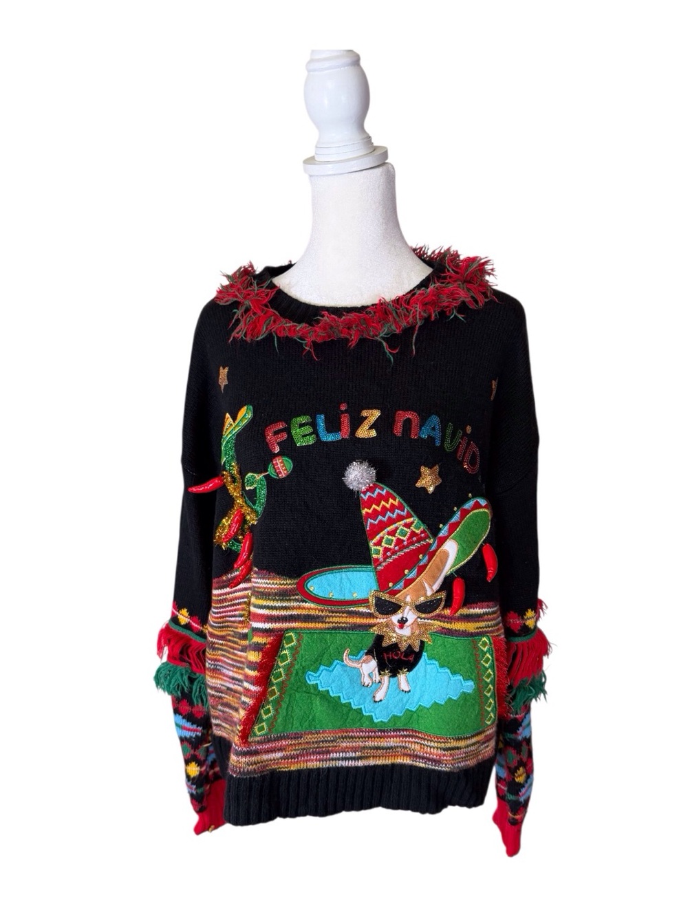 Holiday time Feliz Navidad chihuahua ugly Christmas sweater women’s size M/8-10
